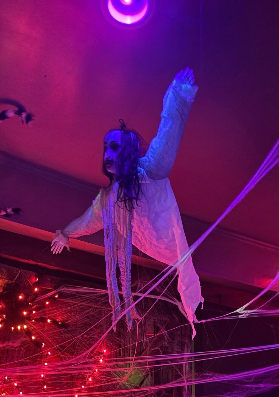 4' Hanging Black Hair Lady Ghost, Lights Up, Spooky Sounds, Halloween Decoration